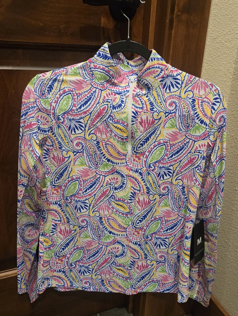 Ibkul long mesh sleeve top. Colorful paisley print. Watermelon, lime, blue. MED.